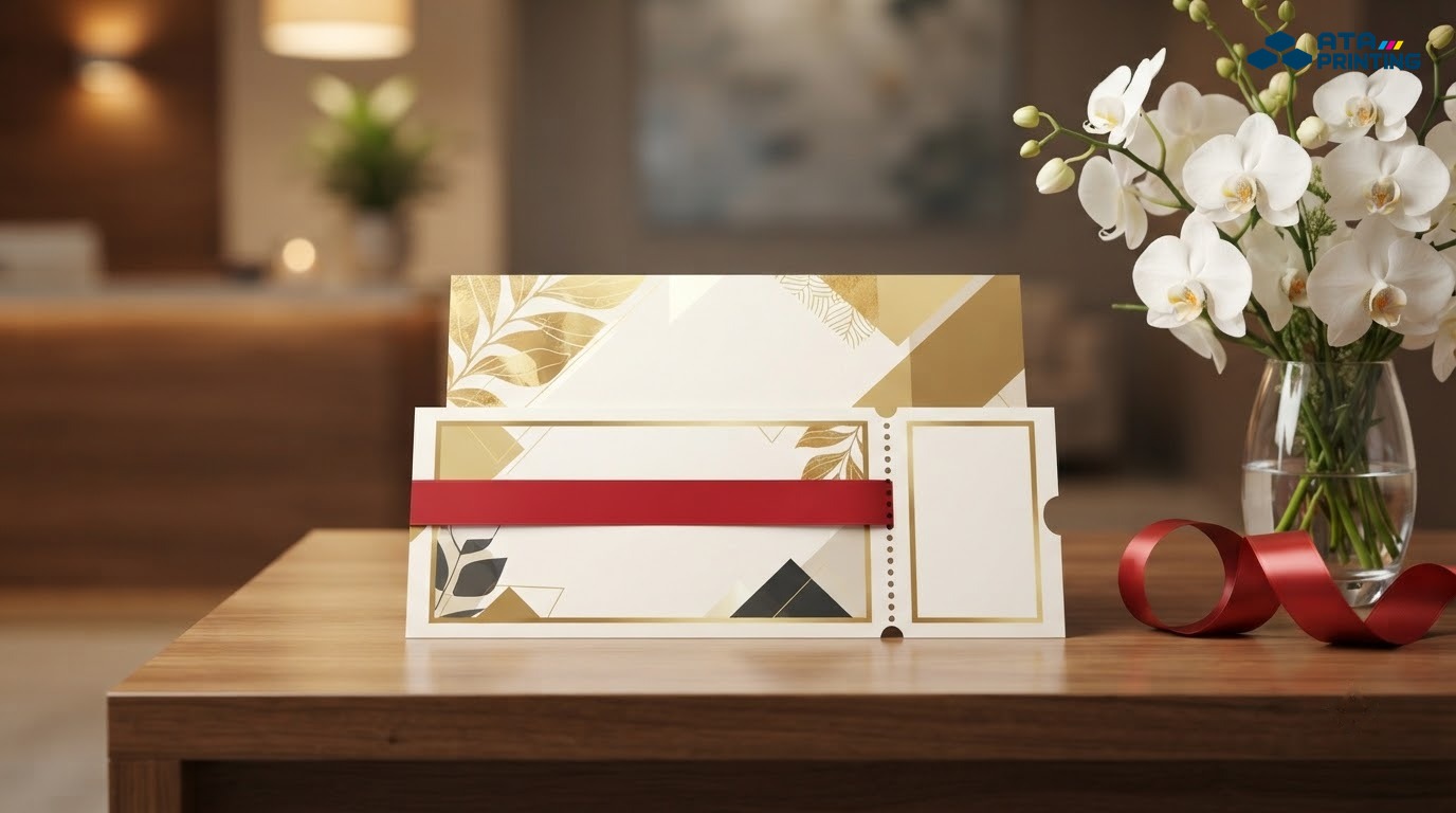 Tờ rơi khai trương spa có phiếu voucher răng cưa viền vàng, cạnh hoa lan trắng