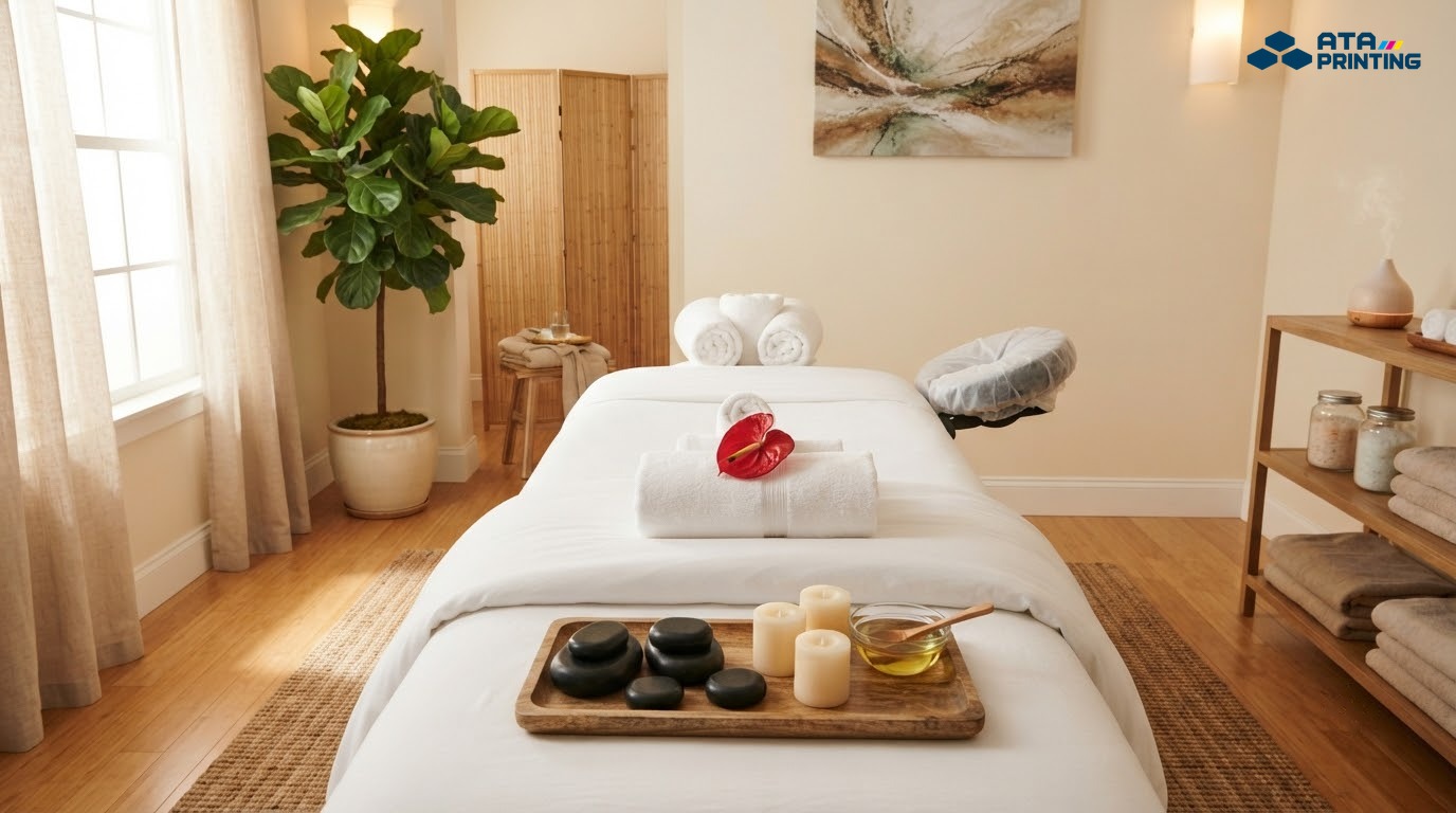Phòng trị liệu spa ga trắng phẳng phiu, khăn, đá nóng và nến dưới ánh đèn vàng dịu