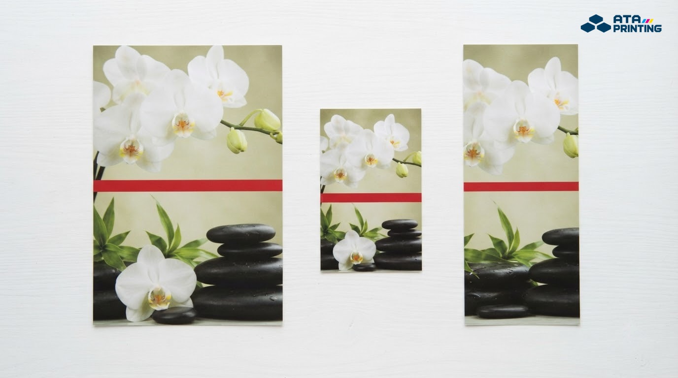 Ba tờ rơi spa cùng mẫu ở các khổ A5, A6 và khổ dài DL đặt cạnh nhau