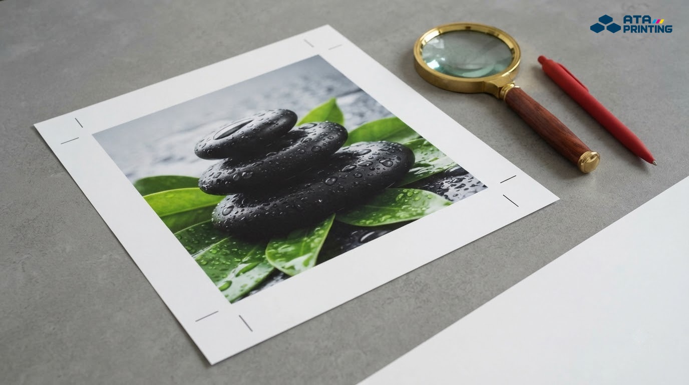 Bản in thử tờ rơi spa in ảnh đá nóng có dấu cắt ở bốn góc, cạnh kính lúp và bút đỏ