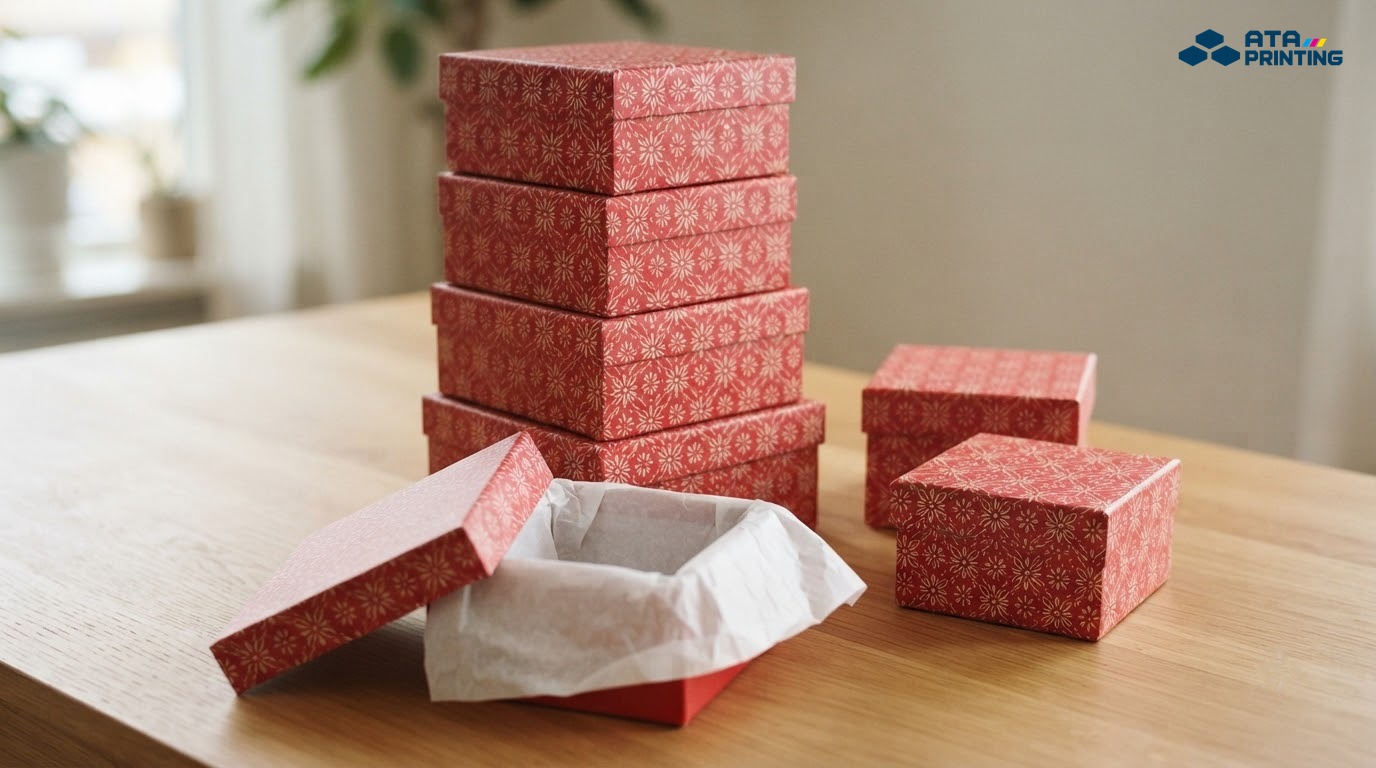 Chồng hộp quà in hoa văn đỏ kem đồng bộ, một hộp mở nắp lót giấy lụa