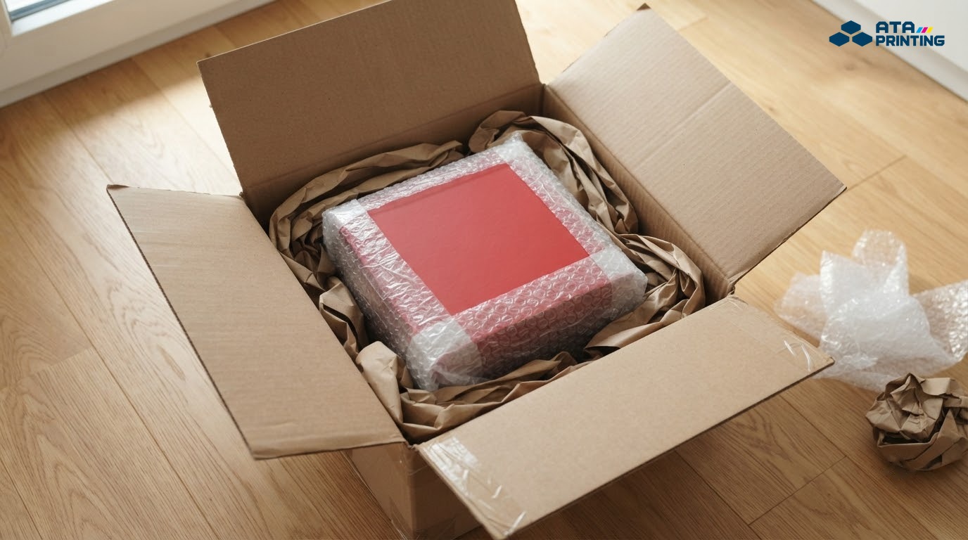 Hộp quà đỏ bọc màng xốp hơi chèn giấy kraft trong thùng carton mở nắp