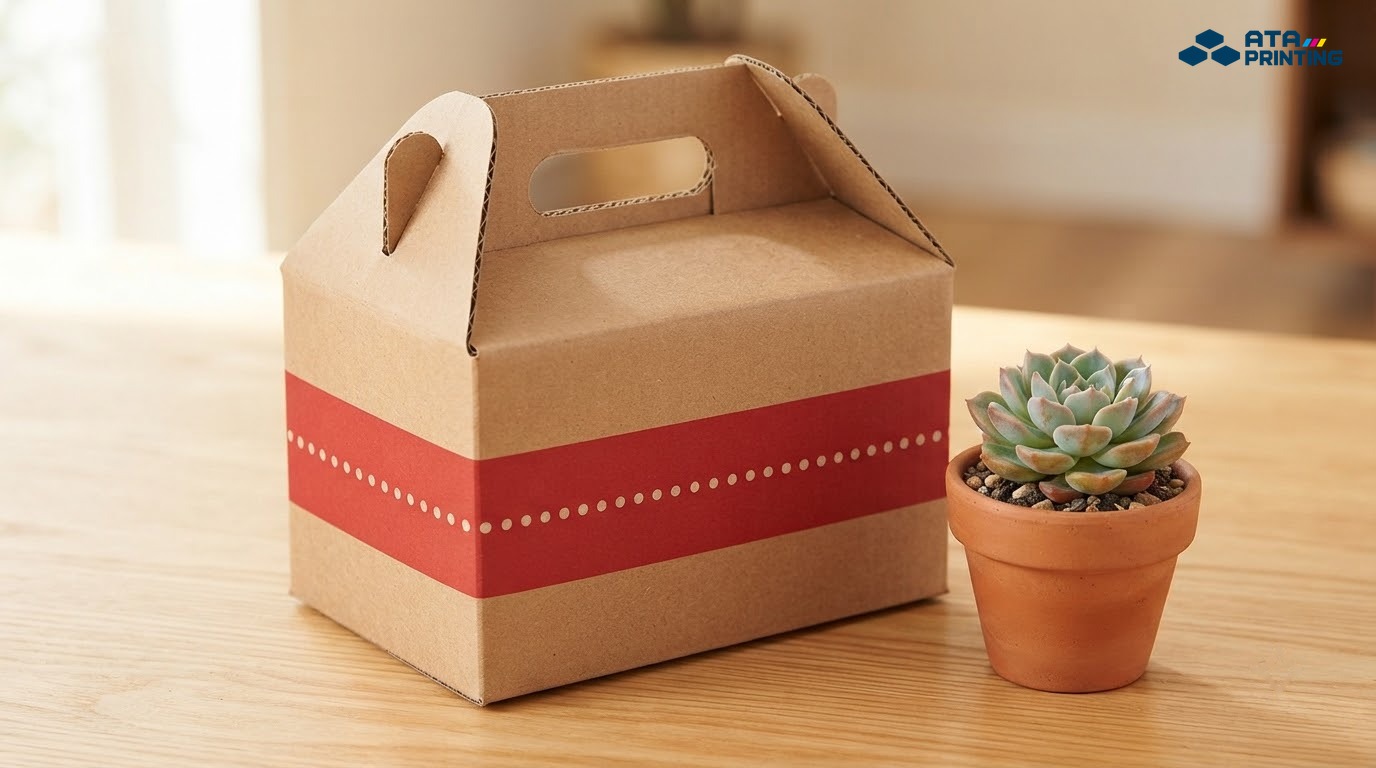 Hộp quà carton kraft có quai xách liền thân và dải đỏ chấm trắng cạnh chậu sen đá