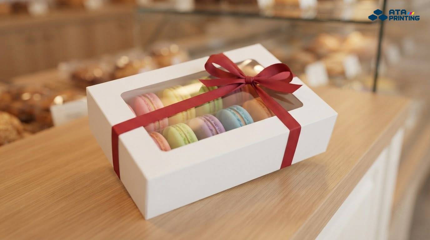 Hộp quà trắng có cửa sổ nhựa trong thấy bánh macaron, buộc ruy băng đỏ