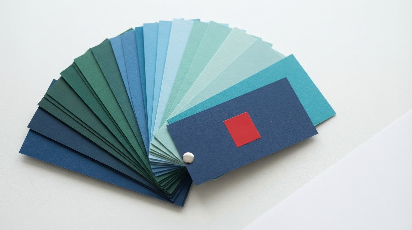 Quạt mẫu màu các sắc xanh dương và xanh lá xòe trên bàn cạnh card in màu xanh