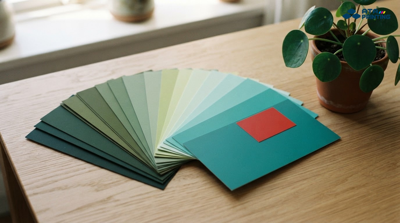Thẻ màu xanh rừng, ô liu, lá mạ, mint và xanh ngọc xòe cạnh chậu cây