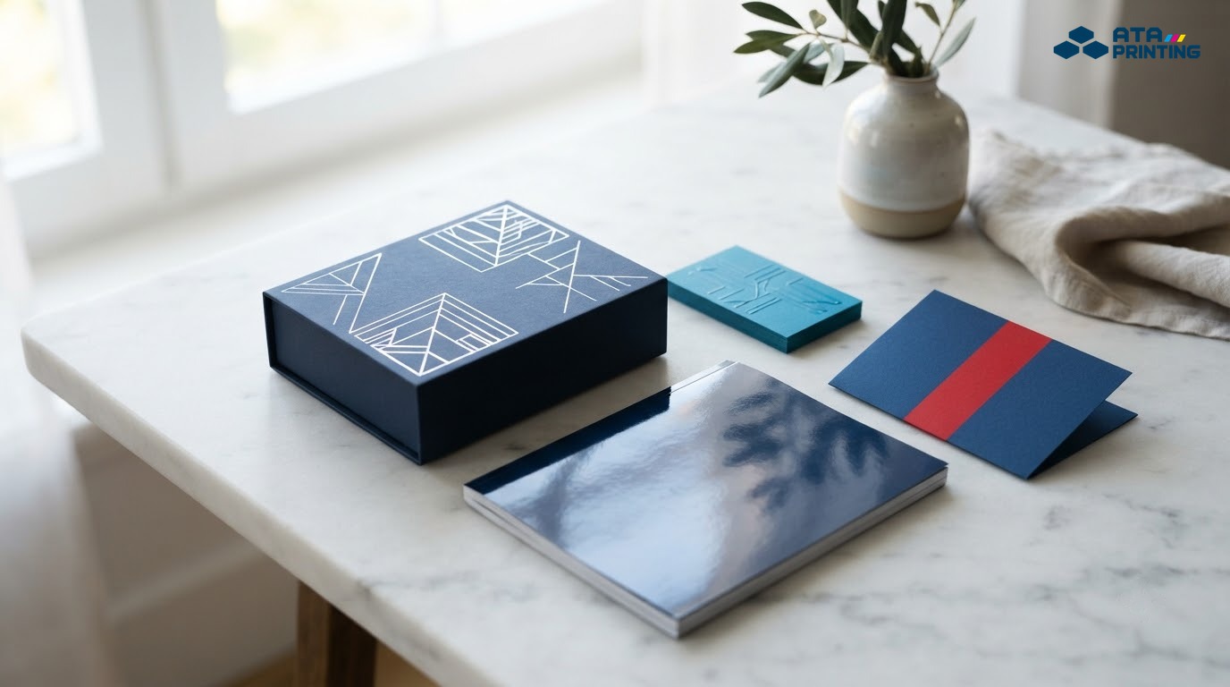Hộp giấy xanh navy ép kim bạc, danh thiếp xanh ngọc phủ UV và bìa catalogue xanh cán bóng