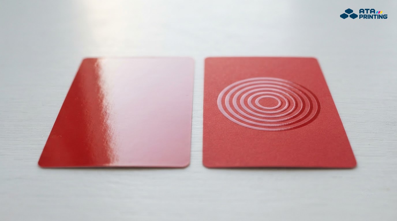 Tấm card bóng toàn bộ đặt cạnh tấm card mờ chỉ bóng ở họa tiết