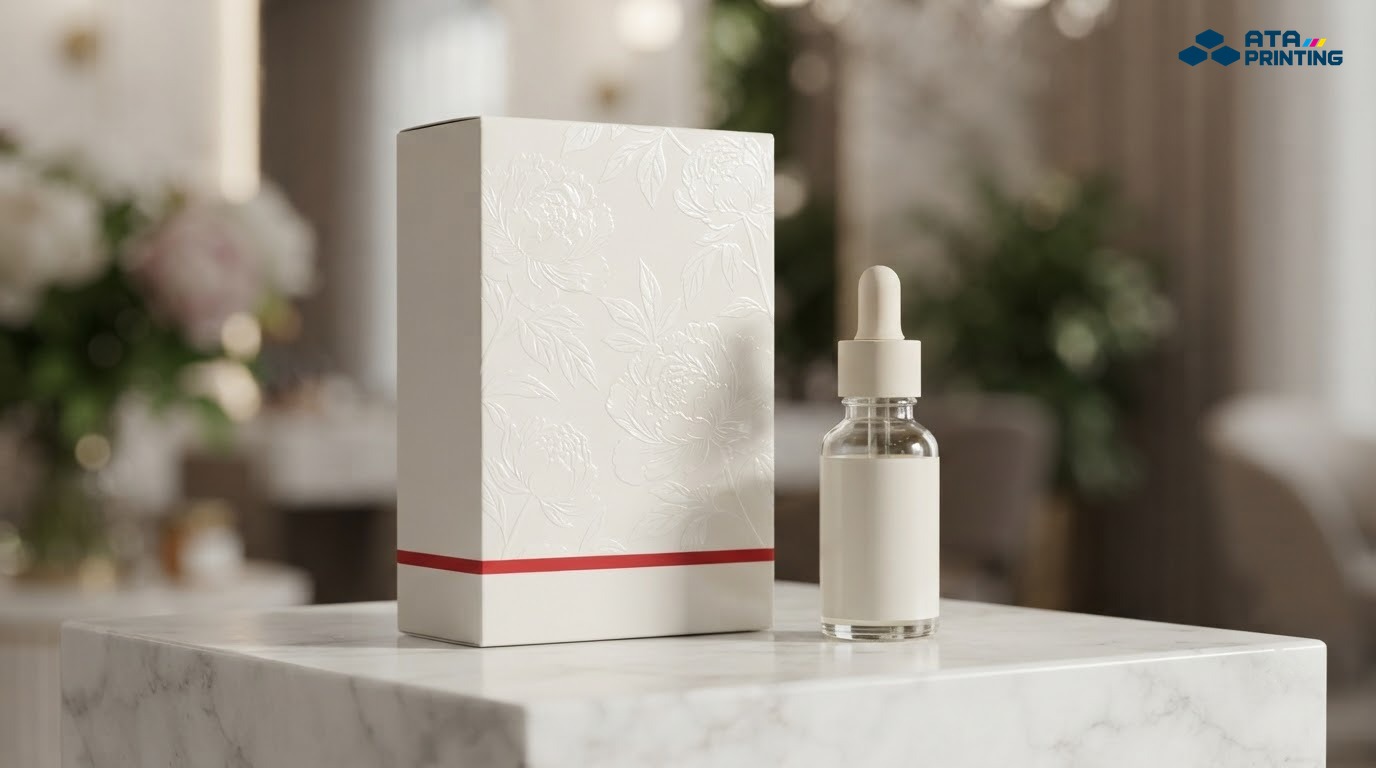 Hộp mỹ phẩm trắng ngà cán mờ có họa tiết hoa phủ UV bóng cạnh lọ serum