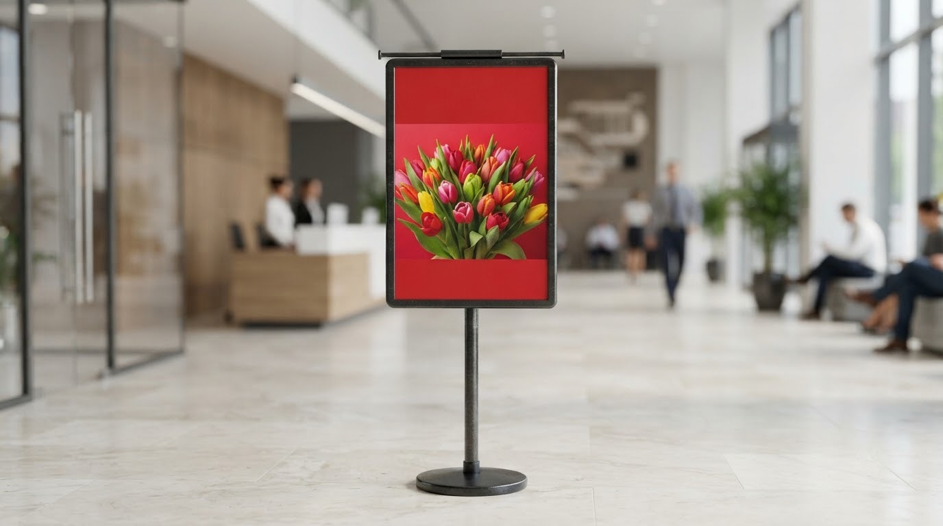 Standee chữ T in ảnh bó hoa đứng trong sảnh tòa nhà văn phòng