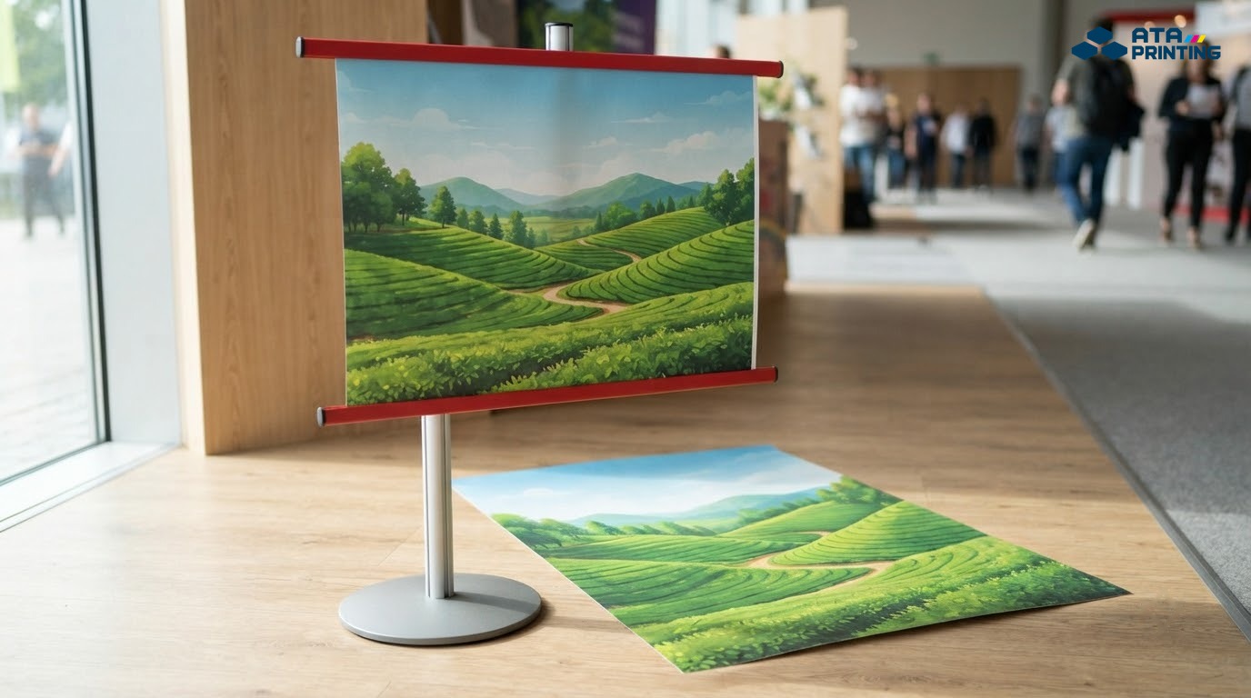Tấm poster trải phẳng cạnh khung standee chữ T đã lắp, chuẩn bị gắn lên