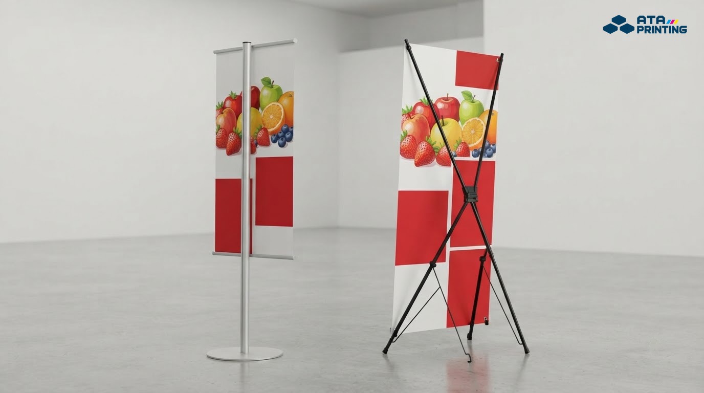 Standee chữ T và standee chữ X đứng cạnh nhau, thấy rõ cấu trúc khung phía sau
