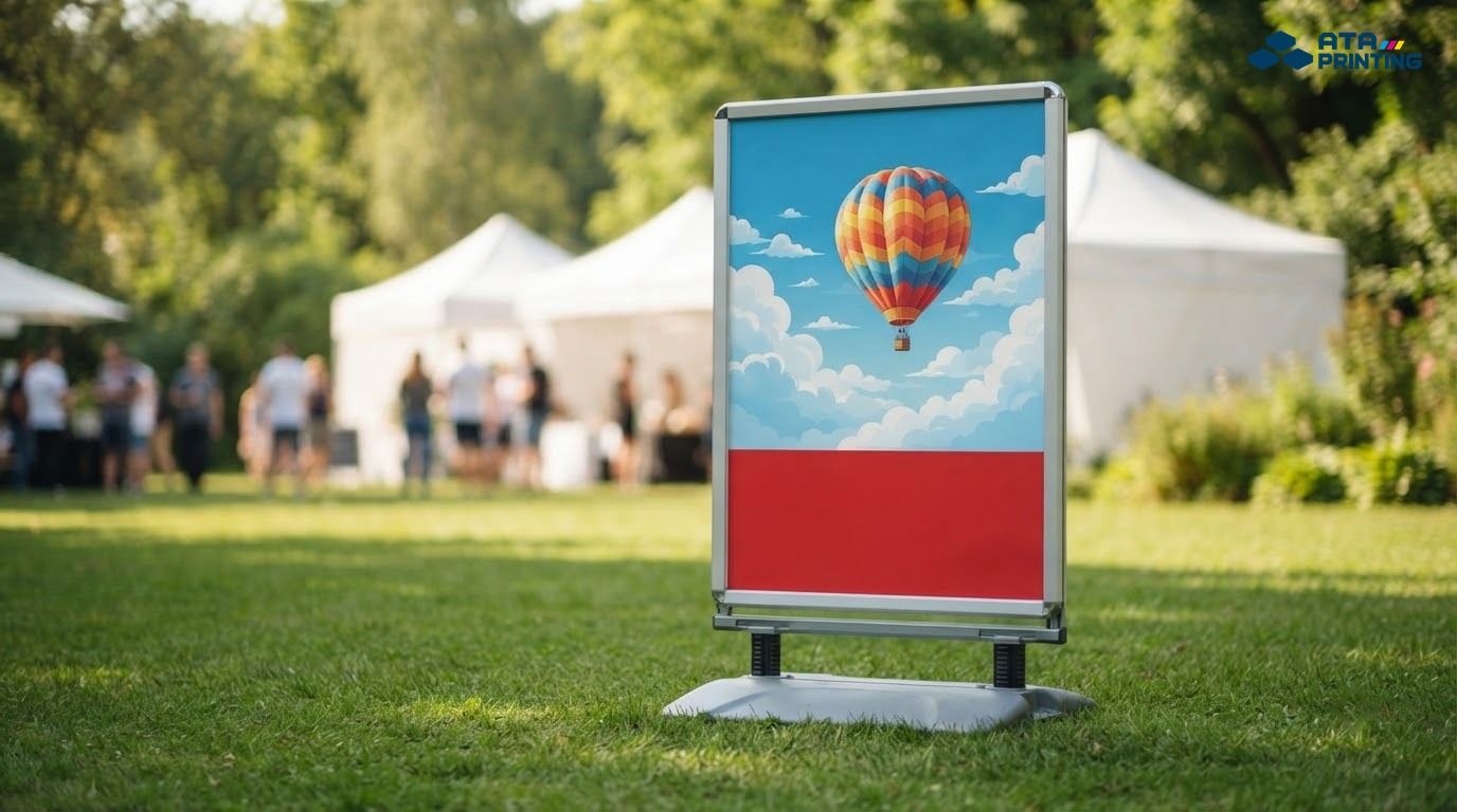 Standee chữ T đứng vững ở lối vào sự kiện ngoài trời có gió nhẹ