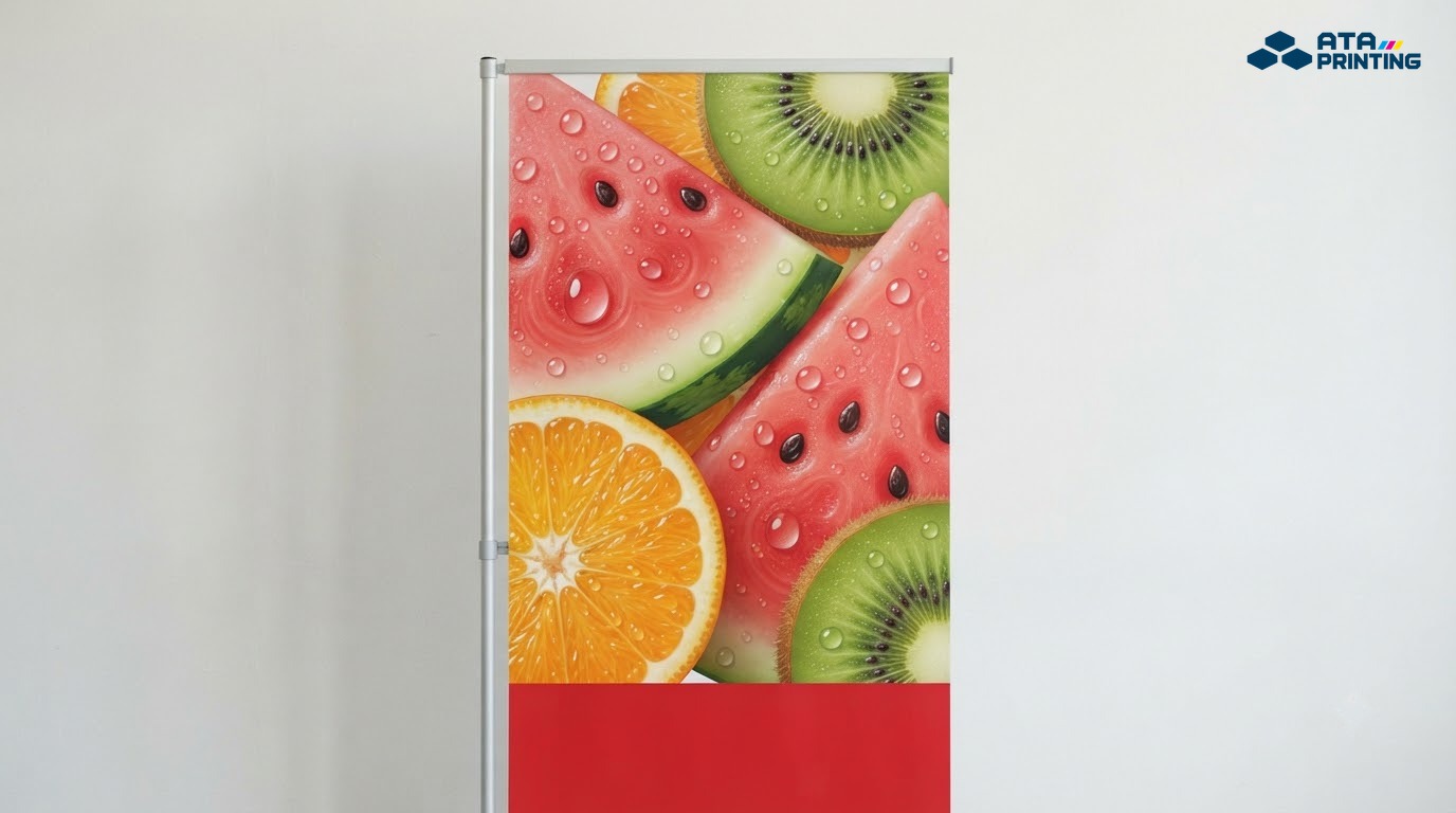 Cận cảnh poster standee chữ T in ảnh trái cây màu sắc tươi và sắc nét