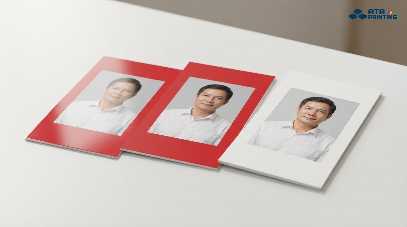 Ba mẫu danh thiếp cùng chân dung trên bề mặt giấy láng, mờ và có vân nhẹ