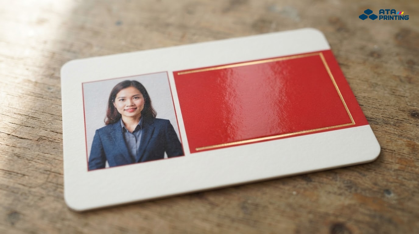 Cận cảnh danh thiếp chân dung nền mờ với mảng màu phủ bóng và đường viền nhũ vàng