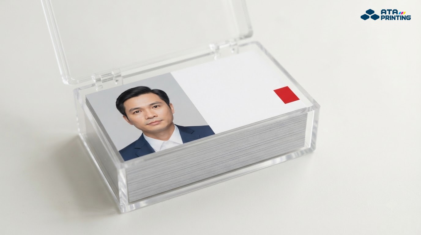 Hộp mica mở nắp chứa chồng danh thiếp đã xén, mặt trên in chân dung nam và mảng đỏ