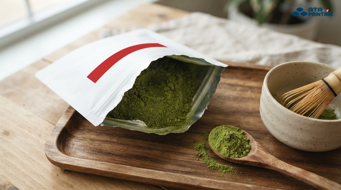 Túi giấy trắng lót nhôm mở miệng đựng bột matcha cạnh muỗng gỗ và chén, chổi tre
