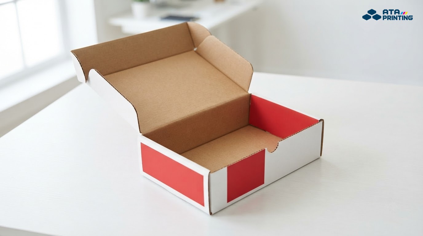 Hộp carton nắp gài mở, mặt ngoài trắng đỏ, lòng hộp nâu và mép giấy lộ sóng