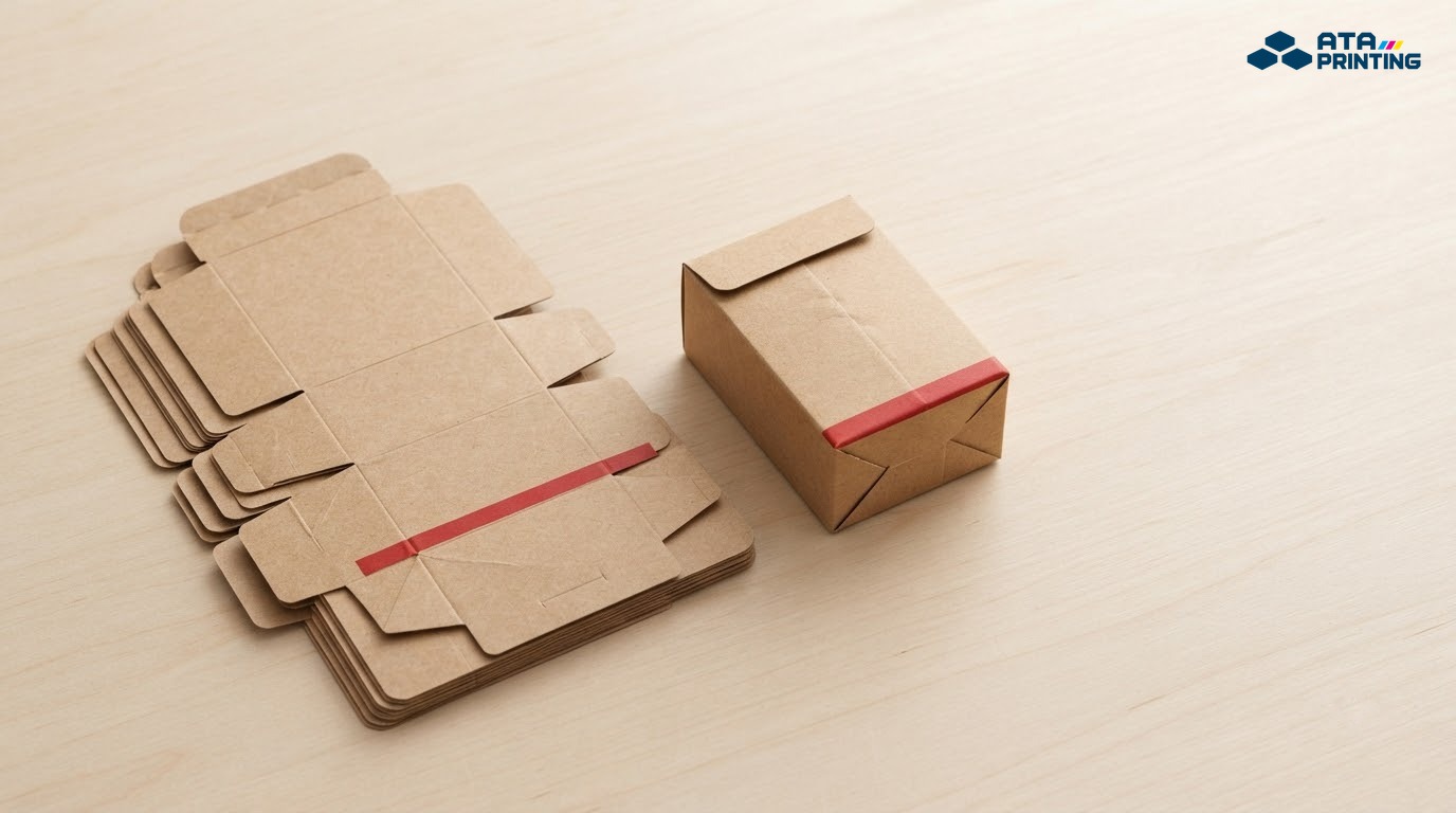 Một hộp kraft nhỏ đã gấp cạnh chồng phôi hộp phẳng cùng mẫu trên bàn