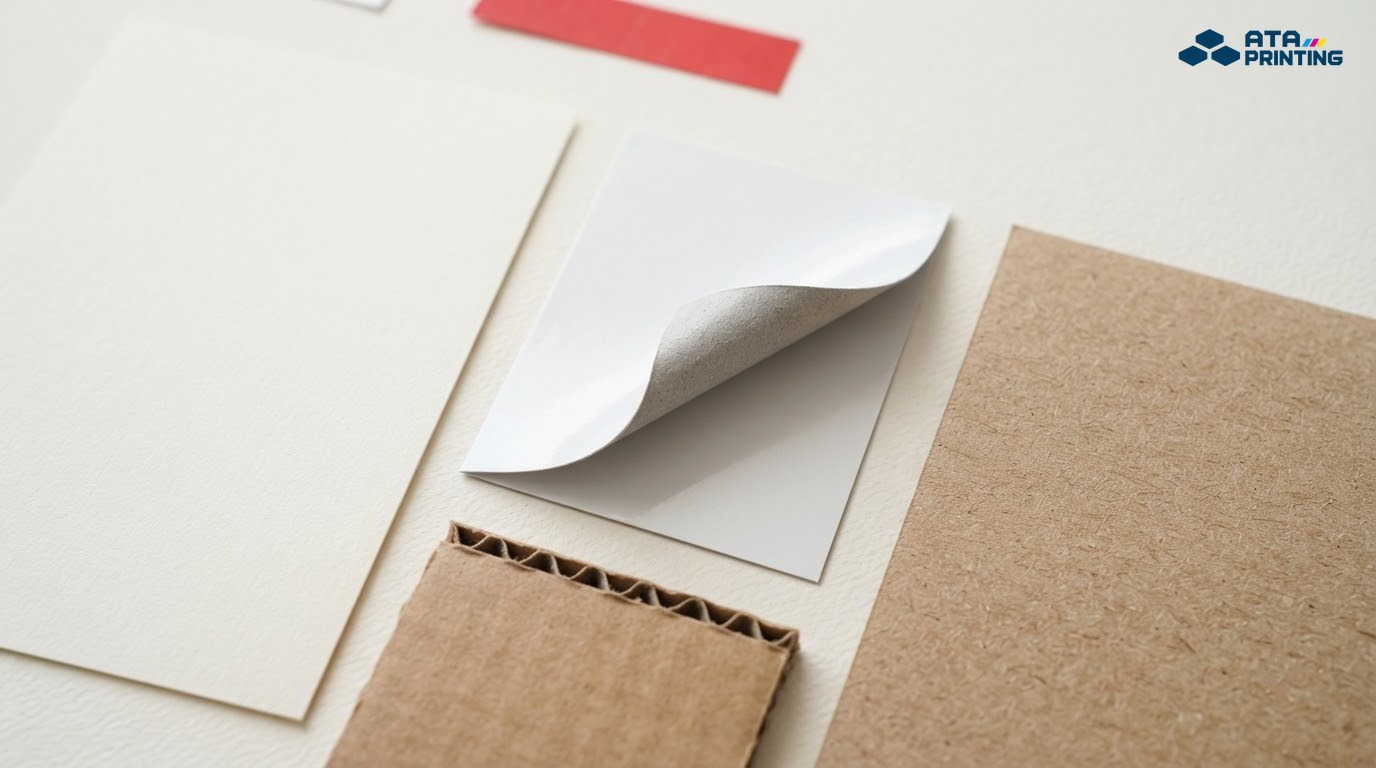 Mẫu giấy trắng ngà, giấy trắng có mặt sau xám, kraft nâu và carton sóng trên bàn