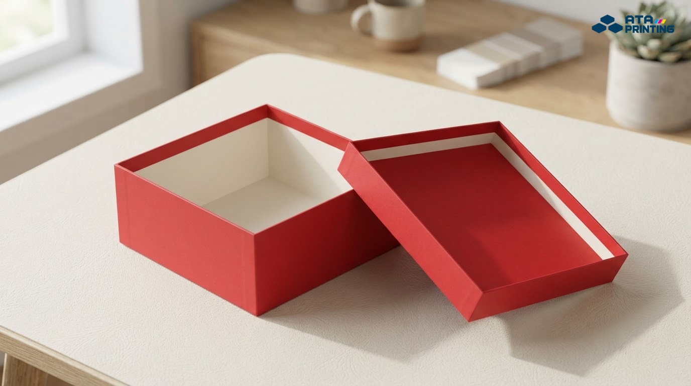 Hộp quà bìa cứng đỏ với nắp rời đặt cạnh thân hộp trên bàn